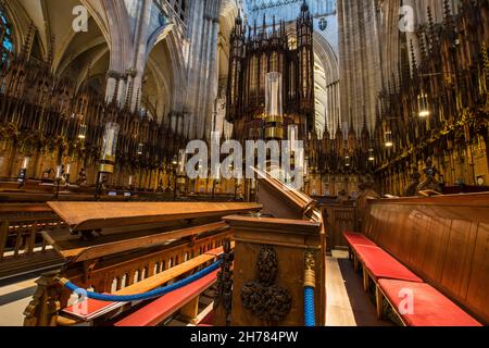 Stools and benches at the Quire section of York Minster cathedral Stock Photo