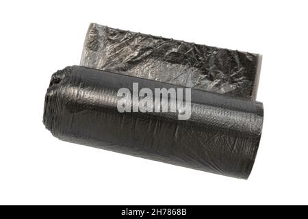 black plastic garbage bag roll isolated on white background Stock Photo