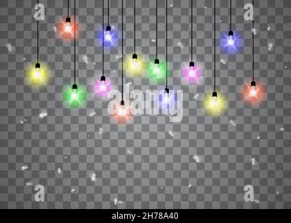 Christmas lights isolated realistic design elements. Glowing lights for Xmas Holiday cards, banners, posters, web design. Garlands decorations. Vector Stock Vector