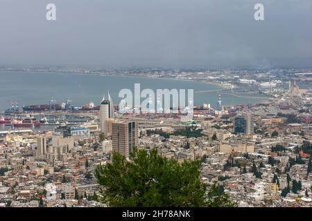 Israel, Haifa. downtown and the bay of Haifa as seen from mount Carmel Stock Photo
