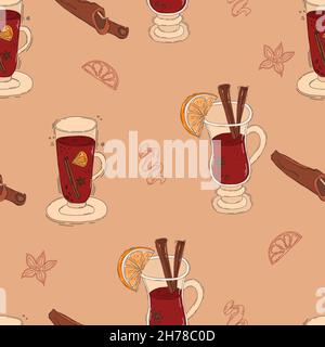 Seamless pattern with Christmas mulled wine. glass with hot cocktail with slice of orange and spices - cinnamon sticks, cardamom, citrus peel on light Stock Vector