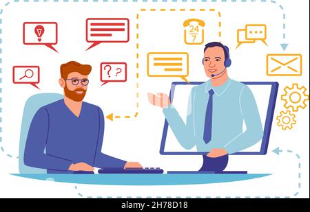 Online tech support. Twenty four hour available video calls. Help manager advises to client. Voice chat. Customer hotline service. Problem solving Stock Vector