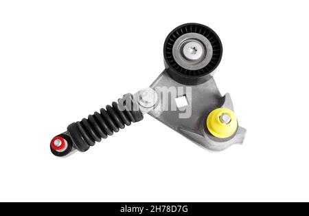 Car drive belt roller isolated on white background. Spare part for a passenger car. Stock Photo