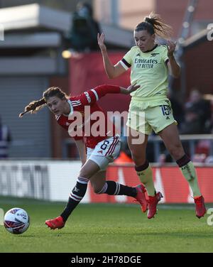 Leigh, UK. 21st Nov, 2021. Katie McCabe of Arsenal challenges Hannah Blundell of Manchester United during the The FA Women's Super League match at Leigh Sports Village, Leigh. Picture credit should read: Darren Staples/Sportimage Credit: Sportimage/Alamy Live News Stock Photo