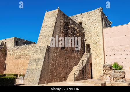 Niebla, Spain - November 18, 2021: Stairs to go up to the towers or turrets in  defensive walls of Niebla castle, in Huelva, Andalucia, Spain Stock Photo