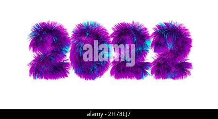 2022 date with fluffy bright numbers isolated on white background. Christmas New Year holiday design