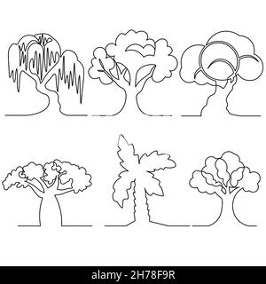 SET continuous line drawing of nature tree vector illustration.. Stock Vector