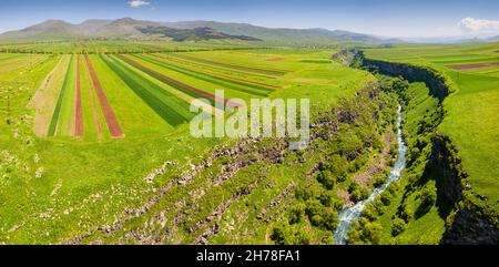 Panoramic aerial view of agricultural fields sown with crops and river in deep canyon. Fertile farmland and soil erosion concept Stock Photo