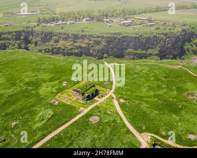 Aerial view of the ruins of the fortress and the ancient settlement - Lori Berd. Travel and historical destinations in Armenia Stock Photo