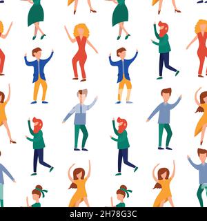 Hand drawn vector abstract cartoon modern seamless pattern with dancing people isolated on white background Stock Vector