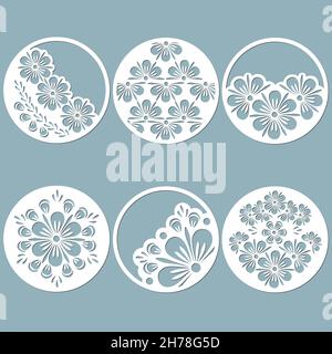 flowers, leaves, texture carved in the circle. Vector illustration. Set of paper stickers. Laser cut. Vector illustration. Pattern for the laser cut, Stock Vector