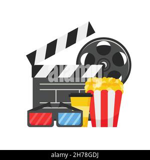 Cinema icons set in flat design style, vector illustration. Popcorn, soda or coffee, 3D glasses, movie clapper and reel on white Stock Vector