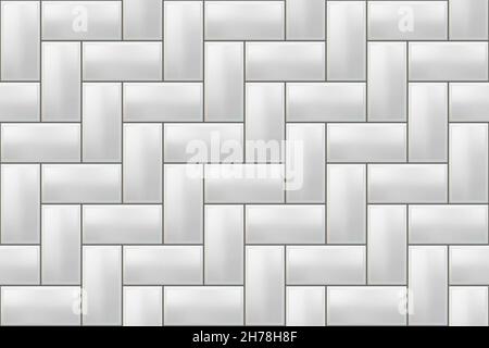 White seamless subway herringbone tile pattern. Brick background. Vector metro wall or floor texture. Interior glossy mosaic grid with rectangle eleme Stock Vector