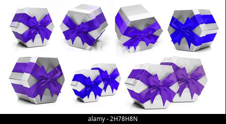 Silver gift boxes with blue satin bow. Isolated on white background.Best for Christmas, Birthday or Valentines. Stock Photo