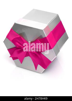 Silver gift box with pink satin bow. Isolated on white background with place for your text. Stock Photo