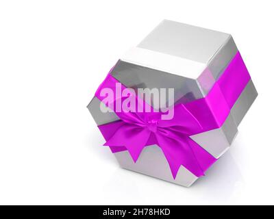 Silver gift box with purple satin bow. Isolated on white background with place for your text. Stock Photo