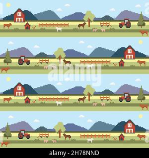Seamless pattern pixel art farm Stock Vector