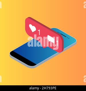 Follower isometric phone notification symbol for application instagram. App button for social media. Vector illustration icon . Stock Vector