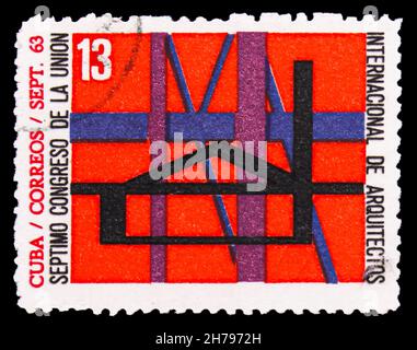 MOSCOW, RUSSIA - OCTOBER 25, 2021: Postage stamp printed in Cuba shows House, girders, International Architectural Congress serie, circa 1963 Stock Photo