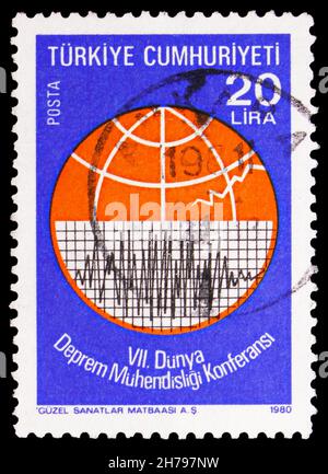 MOSCOW, RUSSIA - OCTOBER 25, 2021: Postage stamp printed in Turkey shows Seismograph, 7th World Conference on Earthquake Engineering, Istanbul serie, Stock Photo