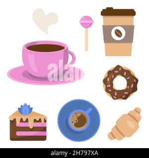 Set of different coffee cups and desserts. Pink cup of coffee, above view and coffee to go. Croissant, piece of cake, donut and lollipop. Vector illus Stock Vector