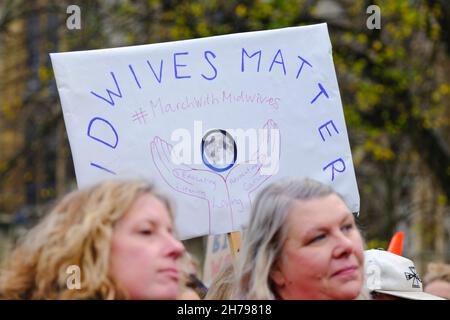 College Green, Bristol, UK. 21st Nov, 2021. One of 80 rallies in the UK today by 'March for Midwives'. Midwives and health care professionals protest about a crisis in maternity services. Protestors express concern over under staffing and under resourcing. T Credit: JMF News/Alamy Live News Stock Photo