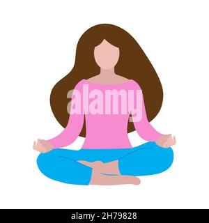 Vector illustration with meditating woman in lotus yoga pose with Om sign,  scroll and sunburst on white background with grunge texture. Yoga concept  print, poster, card and flyer design. Stock Vector