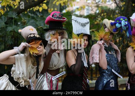 Models showcase Pierre Garroudi's collection during the designer's flash mob fashion show in London, UK