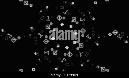 Monochrome animation of popular social network app icons rotating in spiral on the black background. Technology, social media and internet backdrop. Stock Photo