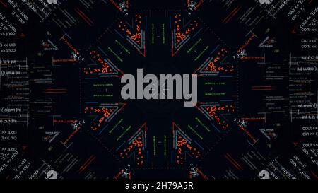Abstract kaleidoscopic formula, algebra and computer code. Computer code running in a virtual space in a form of changing kaleidoscope, seamless loop. Stock Photo