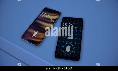 Abstract animation of new luxury smartphones with fingerprint scanner lying on the colorful surface. Biometric protection of smartphone Stock Photo