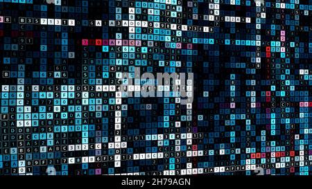 Field with changing numbers. Animation. Computer field with generated numbers and pulsating waves. Ripple on field with cells of changing colorful num Stock Photo