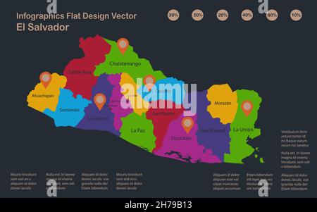 Infographics El Salvador map, flat design colors, names of individual administrative division, blue background with orange points vector Stock Vector