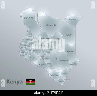 Kenya map and flag, administrative division, separates regions and names, design glass card 3D vector Stock Vector