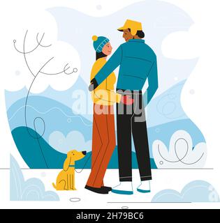 Couple walks winter park. Snowy cold weather, family walking with dog, people in love stands and hugs, frosty landscape, man and woman in warm clothes Stock Vector