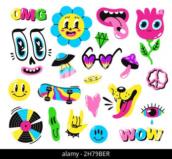 Retro psychedelic elements. Bright surreal objects, 60s 70s hippie culture symbols, acid colors icon, trendy creative stickers, flowers and crazy Stock Vector