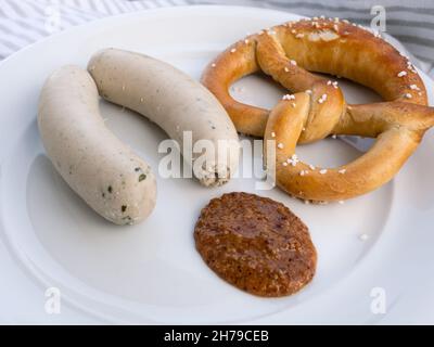 Weisswurst Bavarian or German White Sausage Pair with Pretzel and Sweet Mustard Stock Photo