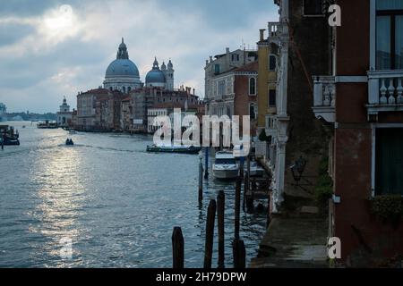 Early morning view of the Grand Canal and the Basilica di Santa Maria della Salute from the Ponte dell Accademia, Venice, Italy. Stock Photo