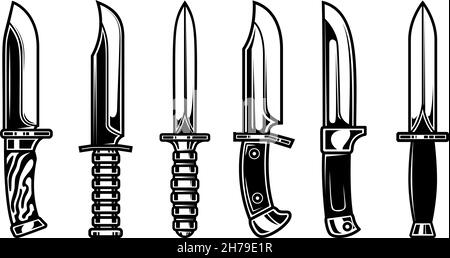 Set of illustrations of combat knives. Design element for logo, label, sign, emblem, banner. Vector illustration, Set of illustrations of combat knive Stock Vector