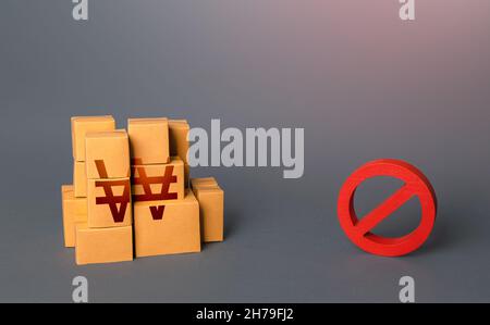 South korean won goods boxes and prohibition symbol NO. Trade wars. Oversupply. Confiscation of contraband. Shortage of goods. Sanctions and embargo. Stock Photo