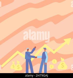 Two Men Standing Shaking Hands With Financial Arrow For Growth And Money Bags. Businessmen Handshaking Drawing With Arrow For Stock Success With Stock Vector