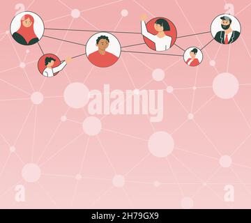 Different People In Circles Chatting Together And Connected Through Social Media. Team Group Connecting Each Other With Same Channels. Stock Vector