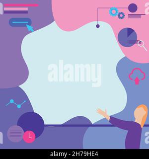Lady Drawing Standing Holding Projector Remote Control Presenting Pie Charts. Woman Design Stands Uses Projection Machine For Displaying Presentation. Stock Vector