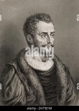 Portrait du poete francais Pierre de Ronsard (1524-1585) Gravure du 19eme siecle ©Archives-Zephyr/Opale.photo *** Local Caption *** Stock Photo