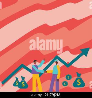 Two Men Standing Shaking Hands With Financial Arrow For Growth And Money Bags. Businessmen Handshaking Drawing With Arrow For Stock Success With Stock Vector