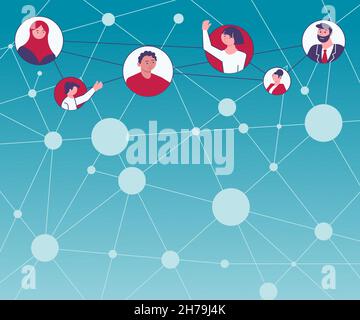 Different People In Circles Chatting Together And Connected Through Social Media. Team Group Connecting Each Other With Same Channels. Stock Vector
