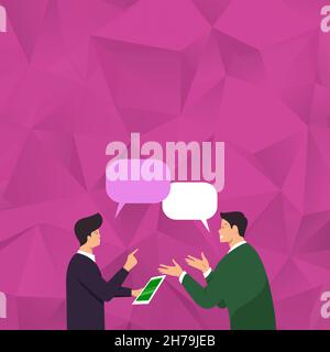 Two Men Colleagues Standing Sharing Thoughts Together With Speech Bubbles. Teammates Sharing New Success Stories At Work Having Conversation Balloons. Stock Vector