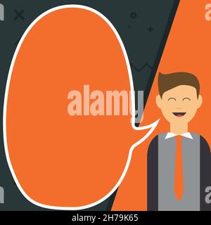 Illustration Of Businessman Standing Alone Presenting New Amazing Ideas To Big Blank Chat Cloud. Man Drawing Talking Sharing Old Wonderful Stock Vector