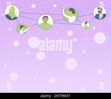 Different People In Circles Chatting Together And Connected Through Social Media. Team Group Connecting Each Other With Same Channels. Stock Vector