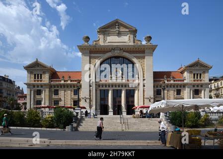 Restored Facade of Historic Gare du Sud Railway Station, opened in 1892, now Raoul Mille Library in former Waiting Room, Nice Alpes-Maritimes France Stock Photo